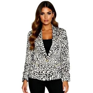Cache Leopard Print Blazer‎ White Black Grey Ruched Sleeve Gold Zip Accent 12